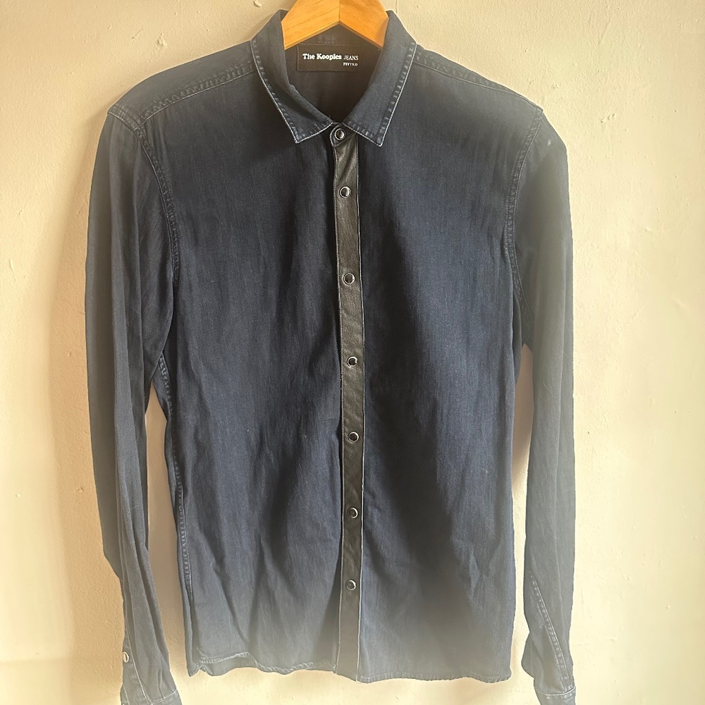 The Kooples- deep blue pearl snap button up (with lambskin leather features)